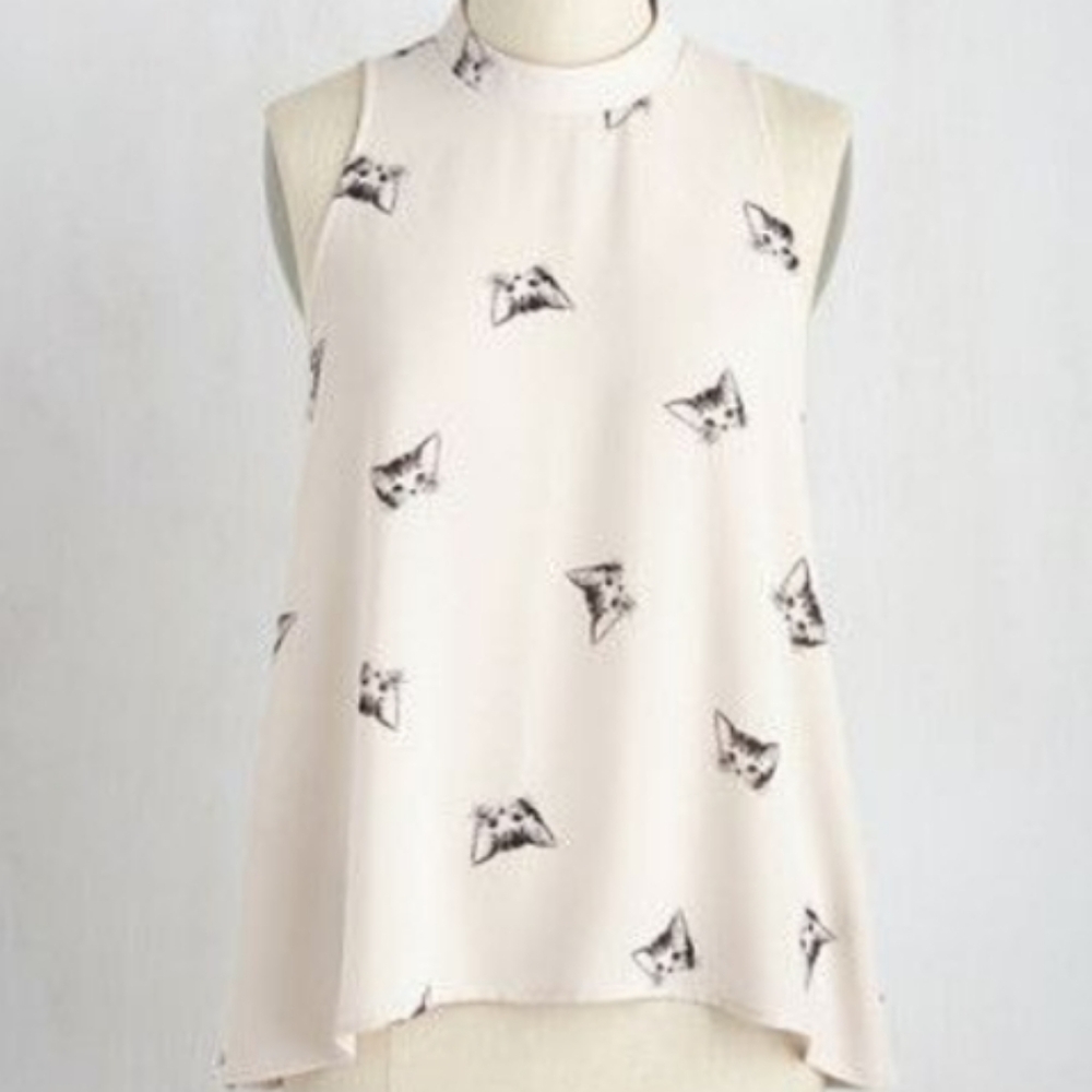 Everly Cat Print Top with High Neckline